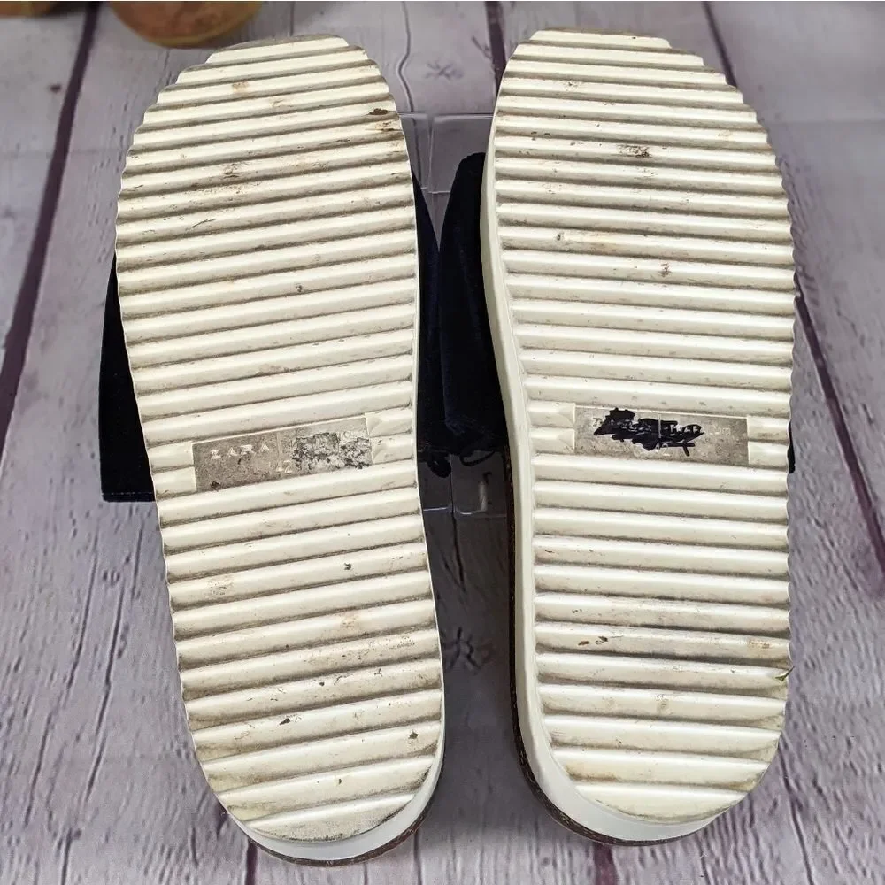 Zara Trafaluc Blue Velvet Platform Slides Sandals
